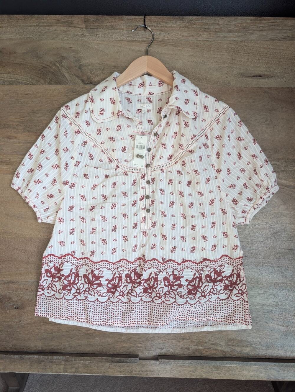 Pilcro Blouse Top Women Small White Red Floral Short Sleeve Collared Popover NWT